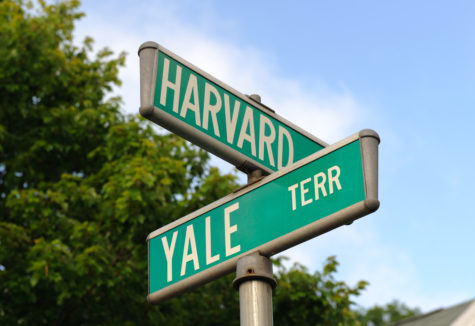 Green street signs labeled “Harvard” and “Yale” intersect on a post against a backdrop of blue sky and trees
