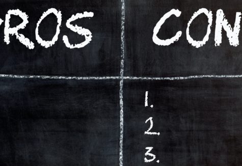 A black chalkboard displays a blank “Pros” and “Cons” list with numbered bullet points under each heading