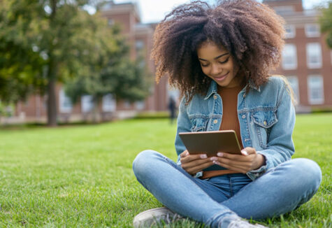 Smiling student with curly hair sitting cross-legged on a college campus lawn, looking at a tablet
