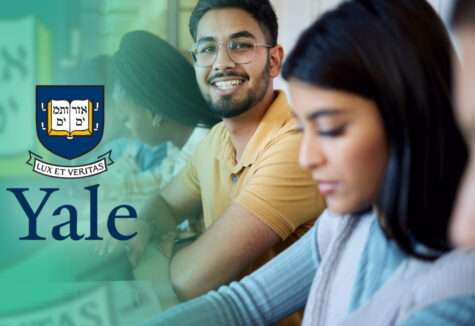 A student in a yellow shirt smiles beside a Yale logo, with classmates studying in the background