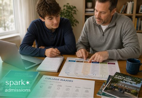 Parent and teen reviewing college majors and career pathways at home.