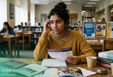 College student in a library looking stressed while reviewing academic majors brochure and course materials on a study table