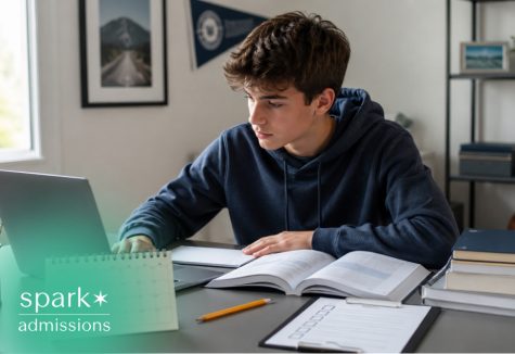 Student studying at a desk with a laptop, textbooks, notebook, and calendar nearby